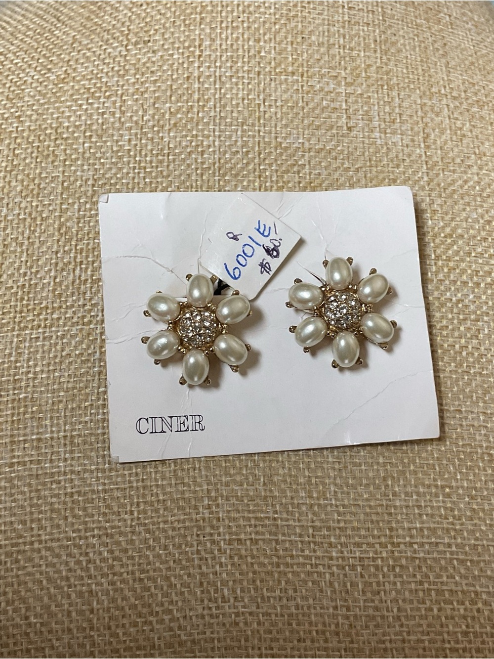 Ciner VTG Faux Pearl & Floral Clip-On Earrings